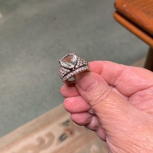 Trillion cut prasiolite (green amethyst) ring in silver with clear pavé size 8